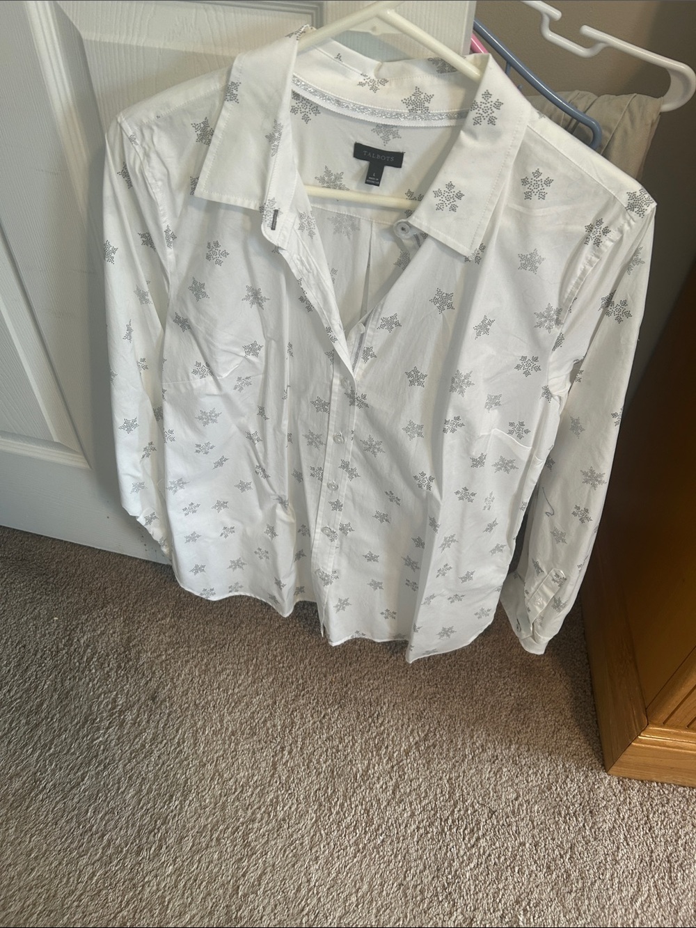 Talbots White Button-Down Shirt with Silver Snowflake Print